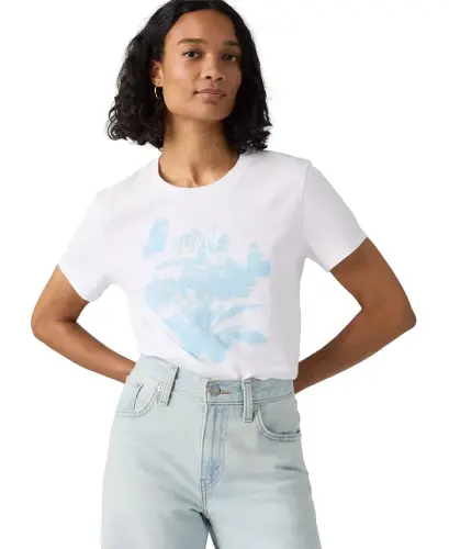 Ayollar uchun mukammal grafik logotipli paxtali futbolka - Blur Florals With Serif Emb Bright White - 4