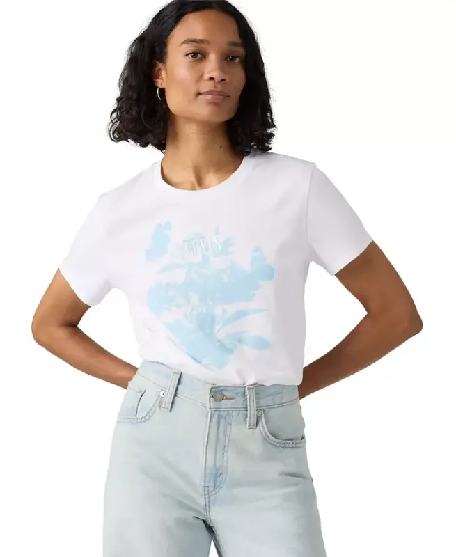 Ayollar uchun mukammal grafik logotipli paxtali futbolka - Blur Florals With Serif Emb Bright White - 4