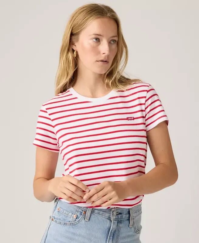 Ayollar uchun mukammal yumaloq yoqali paxtali futbolka - Emily Stripe Bright White Urban Red - 1