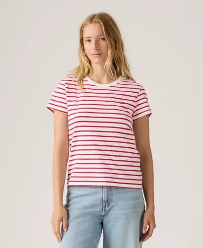 Ayollar uchun mukammal yumaloq yoqali paxtali futbolka - Emily Stripe Bright White Urban Red - 3
