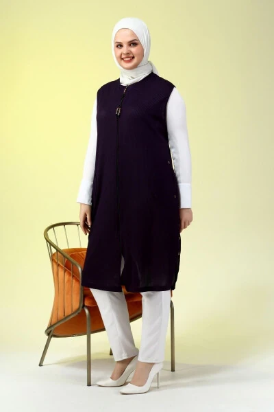 Ayollar uchun muloyim kiyimlar, uzun yozgi cho'ntakli fermuarli jilet, binafsha - 13