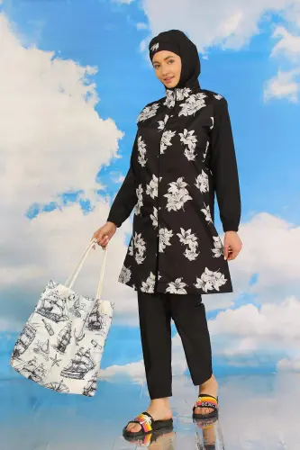 Ayollar uchun naqshli shimlar kiyimli toʻliq yopiq suzish kostyumi Qora 31070 - 1