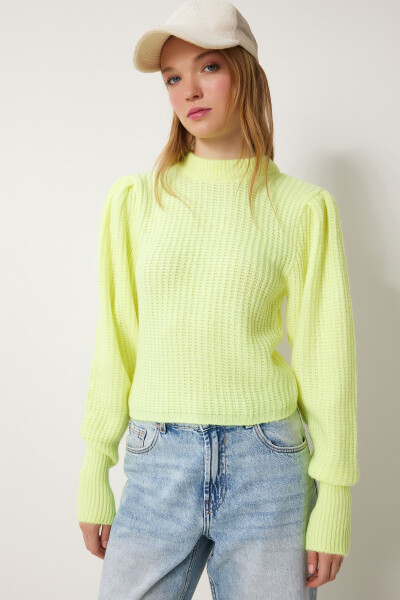 Ayollar uchun neon sariq velosiped yoqali pufak yengli triko kozok CV00042 - 3