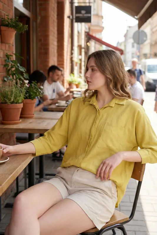 Ayollar uchun neon yashil cho'ntakli keng ketan ko'ylak ARM-21Y001035 - ARMONIKA