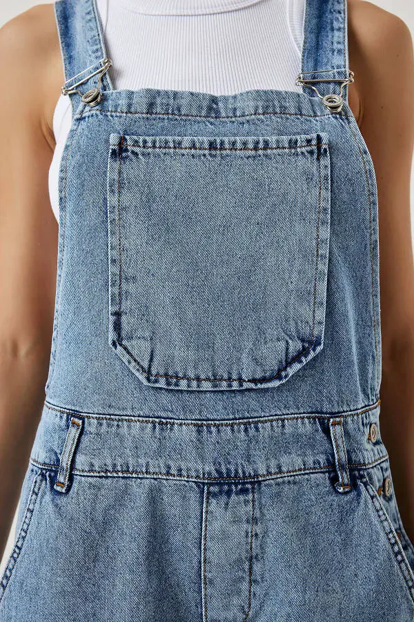 Ayollar uchun och moviy keng cho'ntakli denim bog'bon kombinezoni RV00162 - 6