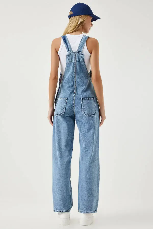 Ayollar uchun och moviy keng cho'ntakli denim bog'bon kombinezoni RV00162 - 9