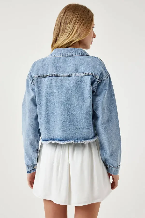 Ayollar uchun ochiq ko'k rangli püsküllü denim crop kurtka RV00159 - 8