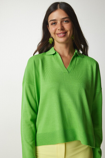 Ayollar uchun ochiq yashil rangli polo yoqali oddiy sviter bv00094 - HAPPINESS İSTANBUL (1)