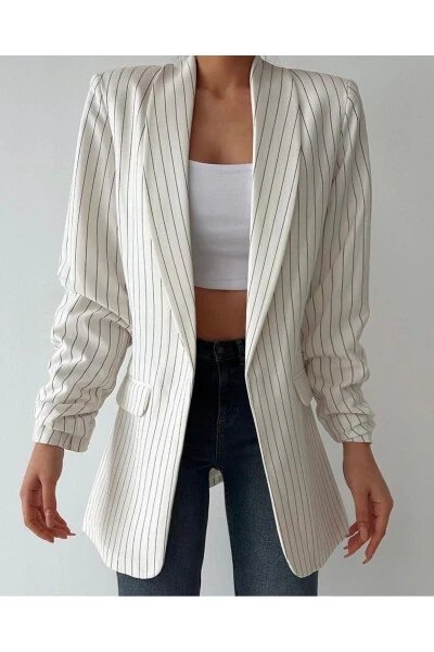 Ayollar uchun oq chiziqli bo'shashgan kesilgan blazer ko'ylagi - LEOS MODA