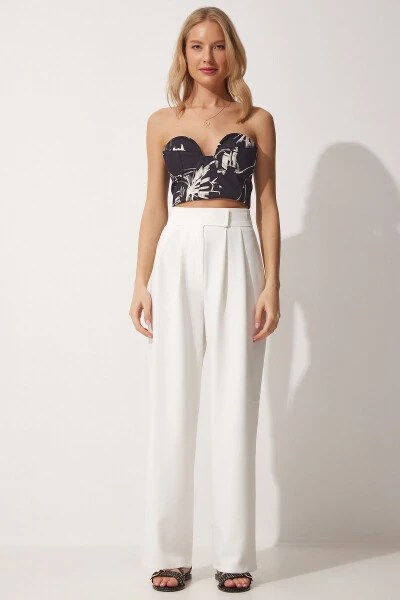 Ayollar uchun oq rangli, bel qismi lipkali, keng shim YL00001 - HAPPINESS İSTANBUL (1)