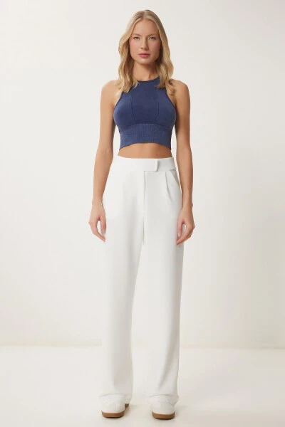 Ayollar uchun oq rangli, belbog'li, yumshoq to'qimalli, qulay shim RV00150 - HAPPINESS İSTANBUL