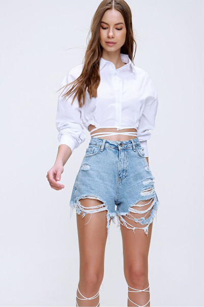 Ayollar uchun oq shnurokli poplin crop ko'ylak ALC-X6039 - 4