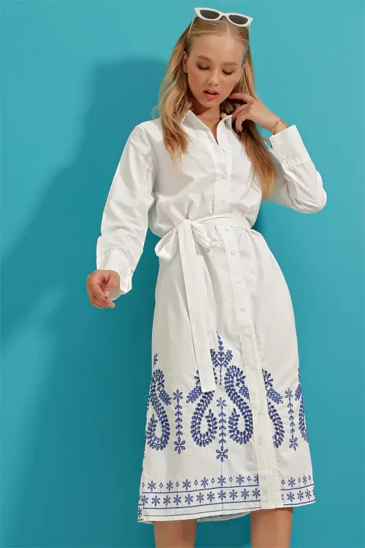 Ayollar uchun oq yubka bilan tikilgan tikilgan poplin ko'ylak ko'ylak ALC-X9216 - 4