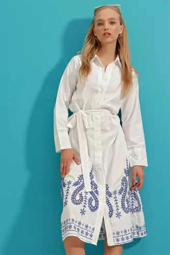 Ayollar uchun oq yubka bilan tikilgan tikilgan poplin ko'ylak ko'ylak ALC-X9216 - 5