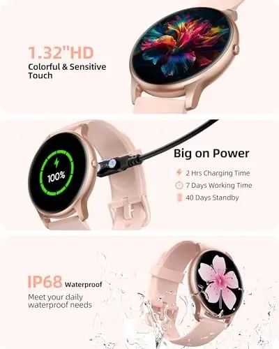 Ayollar uchun Parsonver Smart Watch(Javob berish/Qo'ng'iroq qilish), HD Ekran Fitness Tracker IP68 Suv o'tkazmaydigan, 100+ Sport Rejimi, Yurak urishi/Uyqu/SpO2/Qadamlar Monitori, Android va iPhone uchun Dumaloq Smartwatch, Pushti tilla - 5