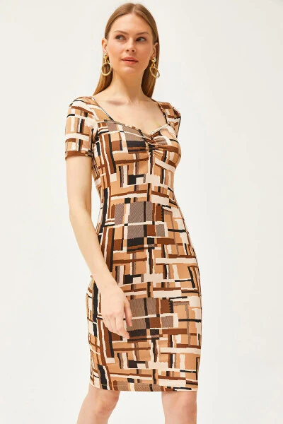 Ayollar uchun Patchli Qahva Rangli Roba Sharikli Kristalli Viskoz Ko'ylak ELB-19002061 - 1