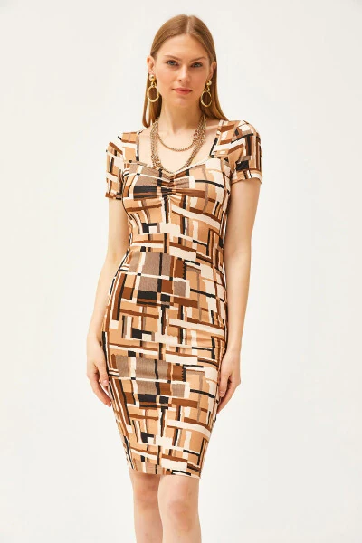 Ayollar uchun Patchli Qahva Rangli Roba Sharikli Kristalli Viskoz Ko'ylak ELB-19002061 - 3