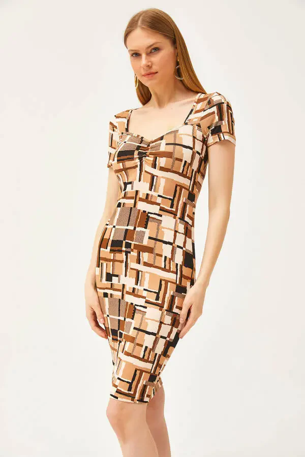 Ayollar uchun Patchli Qahva Rangli Roba Sharikli Kristalli Viskoz Ko'ylak ELB-19002061 - 4