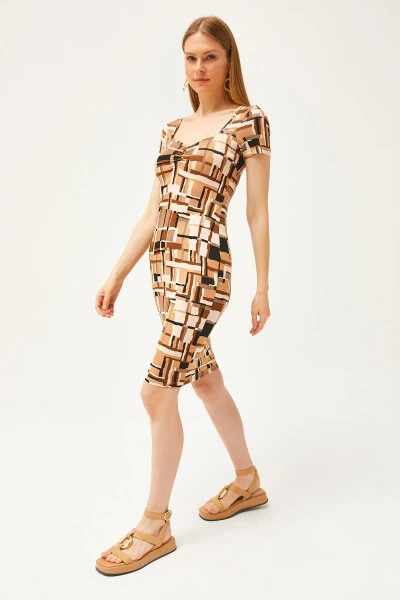 Ayollar uchun Patchli Qahva Rangli Roba Sharikli Kristalli Viskoz Ko'ylak ELB-19002061 - 5