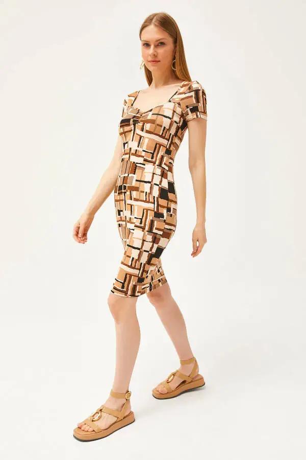 Ayollar uchun Patchli Qahva Rangli Roba Sharikli Kristalli Viskoz Ko'ylak ELB-19002061 - 5