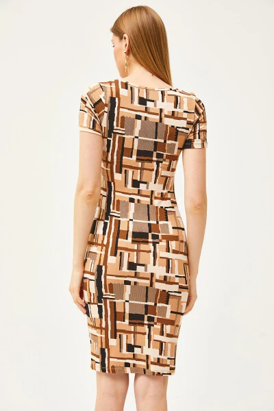 Ayollar uchun Patchli Qahva Rangli Roba Sharikli Kristalli Viskoz Ko'ylak ELB-19002061 - 6