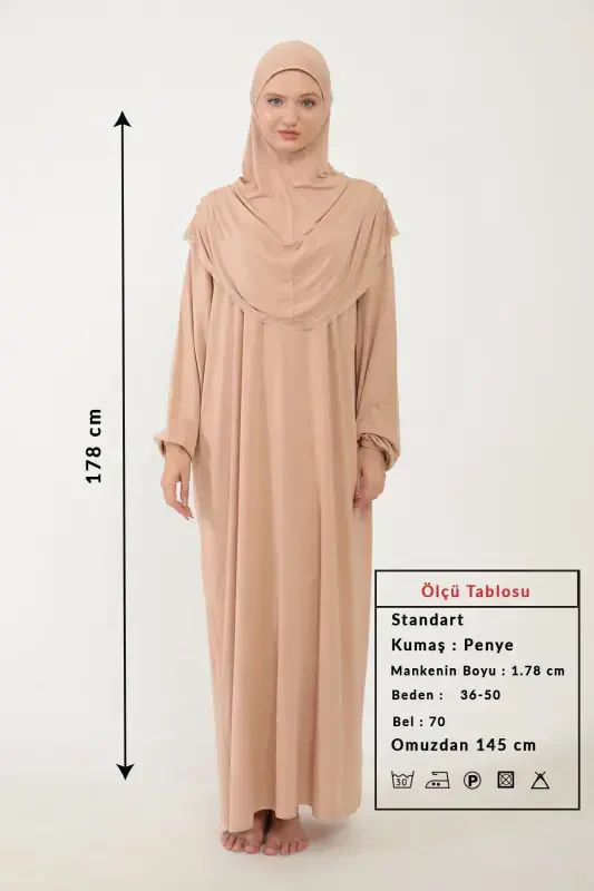 Ayollar uchun paxtali ro'molli namoz libosi, dantelli, bir qismli penye mato - bej - 2