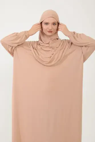 Ayollar uchun paxtali ro'molli namoz libosi, dantelli, bir qismli penye mato - bej - 3