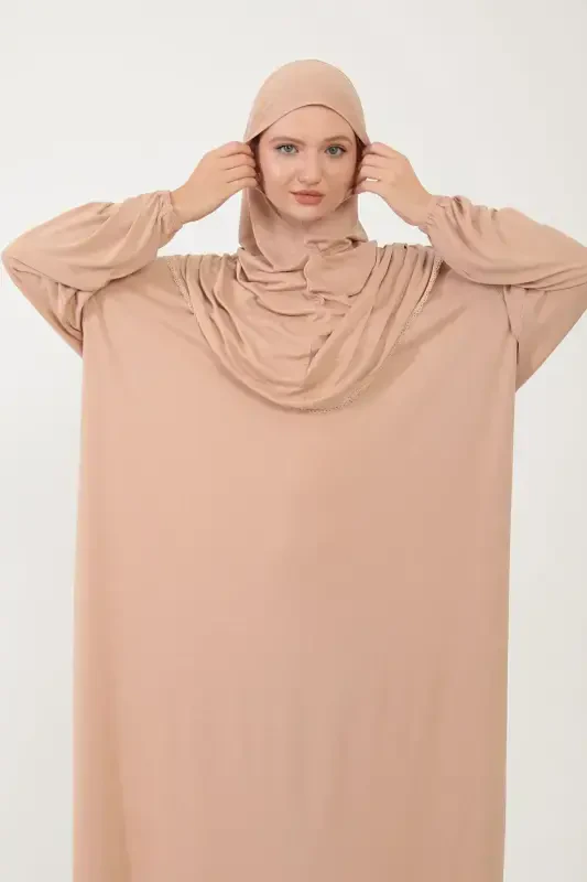 Ayollar uchun paxtali ro'molli namoz libosi, dantelli, bir qismli penye mato - bej - 3