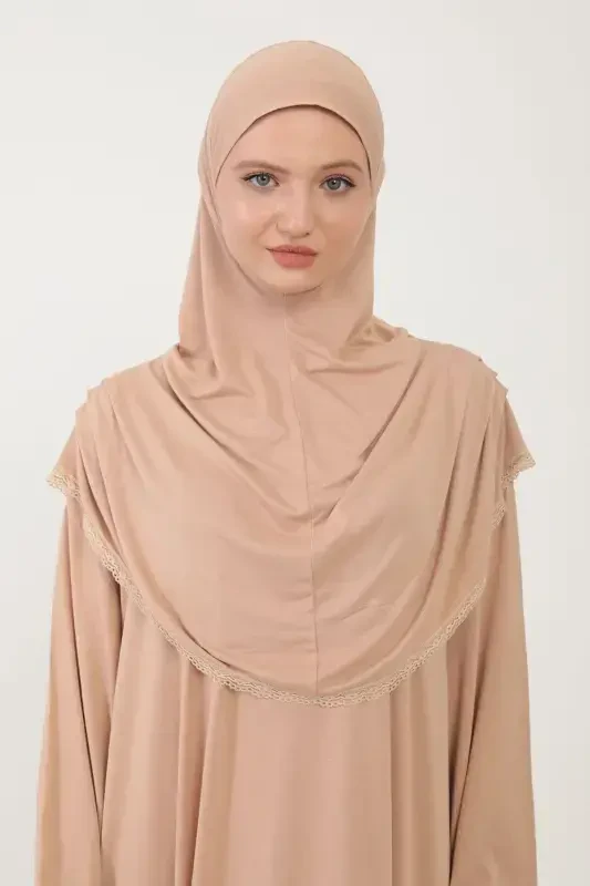 Ayollar uchun paxtali ro'molli namoz libosi, dantelli, bir qismli penye mato - bej - 4