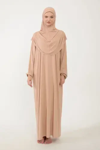 Ayollar uchun paxtali ro'molli namoz libosi, dantelli, bir qismli penye mato - bej - 5