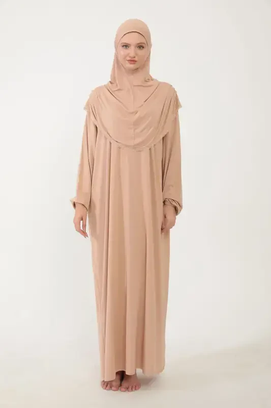 Ayollar uchun paxtali ro'molli namoz libosi, dantelli, bir qismli penye mato - bej - 5