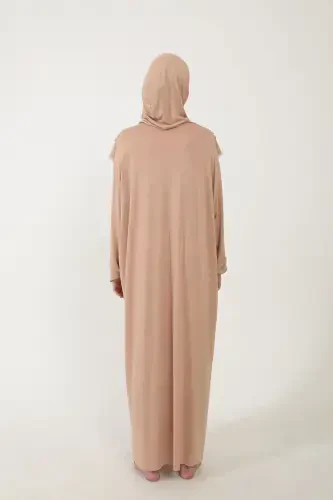 Ayollar uchun paxtali ro'molli namoz libosi, dantelli, bir qismli penye mato - bej - 6