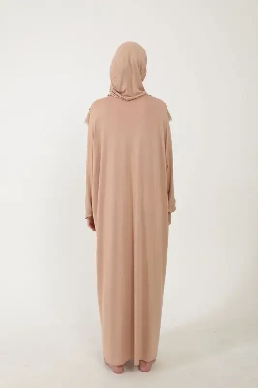 Ayollar uchun paxtali ro'molli namoz libosi, dantelli, bir qismli penye mato - bej - 6