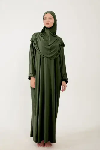 Ayollar uchun paxtali ro'molli namoz libosi, dantelli, bir qismli trikotaj mato - Xaki - 1