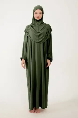 Ayollar uchun paxtali ro'molli namoz libosi, dantelli, bir qismli trikotaj mato - Xaki - 5