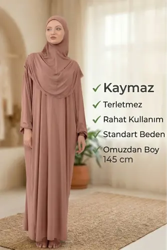 Ayollar uchun paxtalik ro'molli, dantelli bitta bo'lakli trikotaj namoz libosi - pushti gul - 6