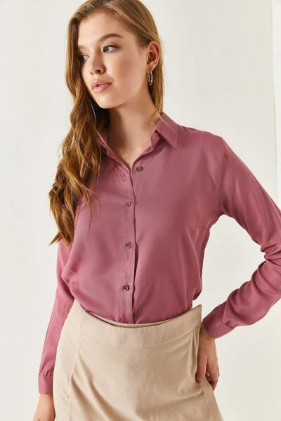 Ayollar uchun pushti rangli uzun yengli oddiy ko'ylak ARM-18Y001176 - 3