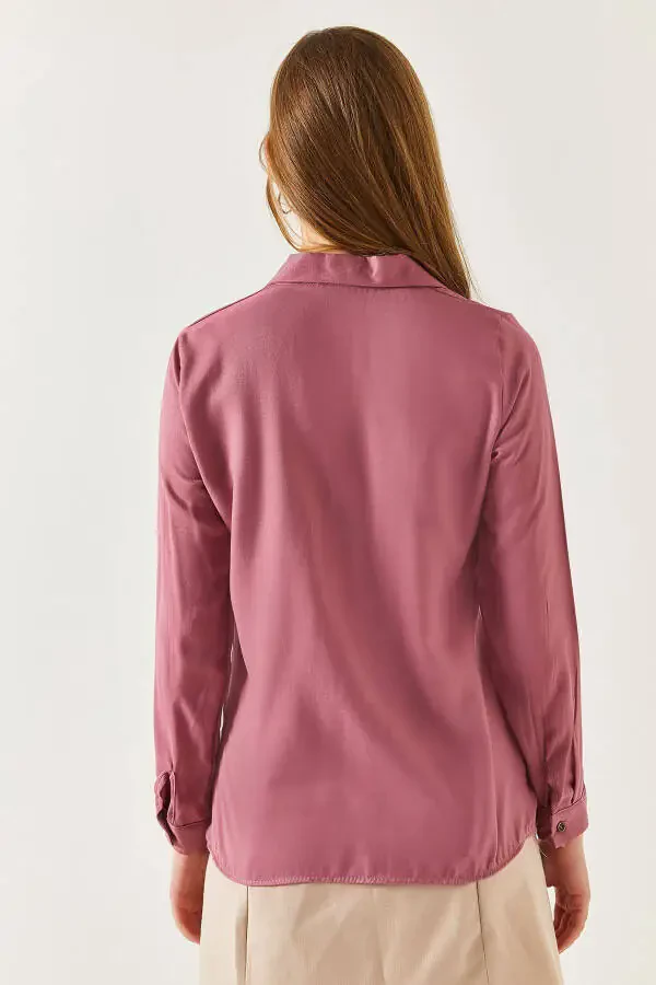 Ayollar uchun pushti rangli uzun yengli oddiy ko'ylak ARM-18Y001176 - 4