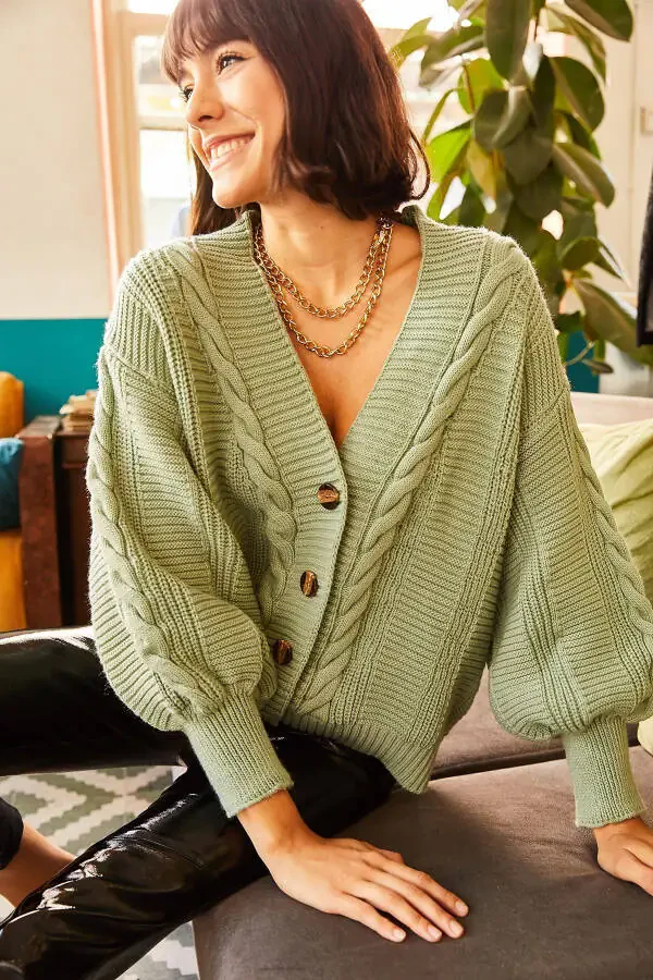 Ayollar uchun pushti-yashil qalin soch o'ralgan triko kardigani HRK-19000082 - 4