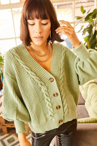 Ayollar uchun pushti-yashil qalin soch o'ralgan triko kardigani HRK-19000082 - 6