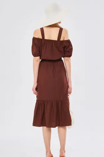 Ayollar uchun qahva rangli belga elastik tasmali yelkali ko'ylak ARM-21K001214 - 6