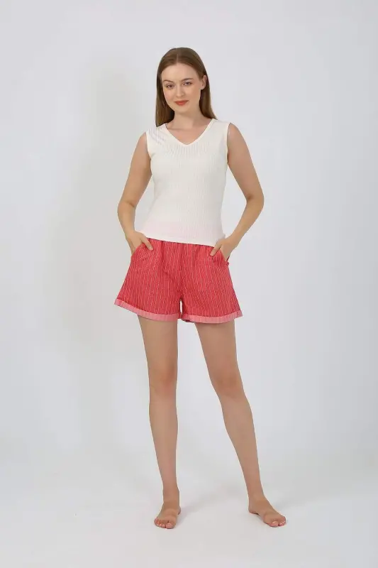 Ayollar uchun qalin dastali shortili pijama kostyumi, ekru rangi, 3632 - 11