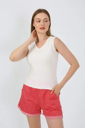 Ayollar uchun qalin dastali shortili pijama kostyumi, ekru rangi, 3632 - BÜYÜKBEDENIZ (1)