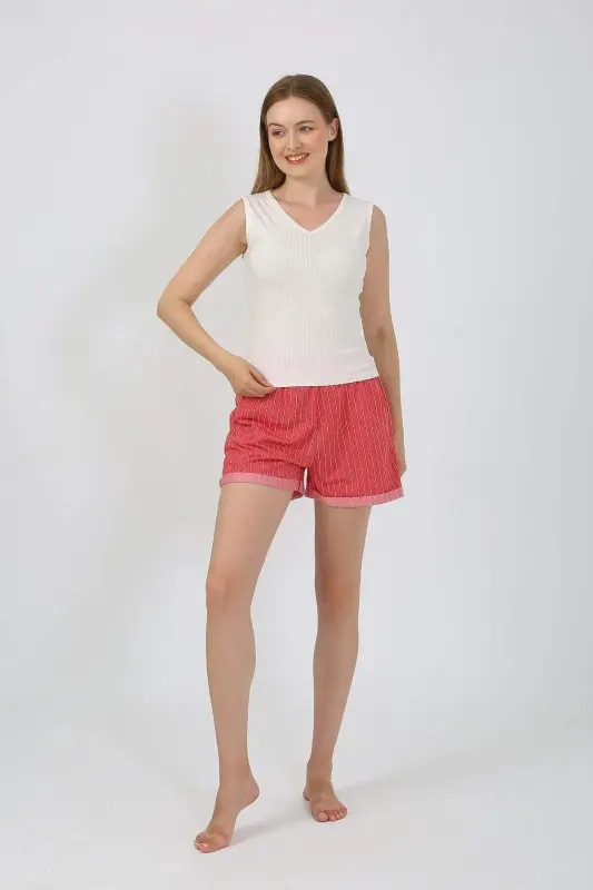 Ayollar uchun qalin dastali shortili pijama kostyumi, ekru rangi, 3632 - 10