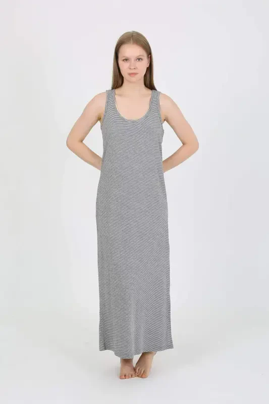 Ayollar uchun qalin yelkali, yon cho'ntag'li, uzun kulrang uyqu liboslari 90110 - 3