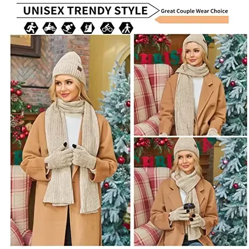 Ayollar uchun qishki trikotaj iliq shapka uzun sharf sensorli ekranli qo'lqoplar to'plami bosh suyagi qopqoqlari bo'yin sharflari - 5