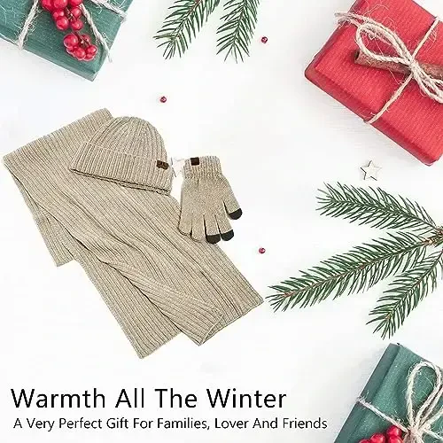 Ayollar uchun qishki trikotaj iliq shapka uzun sharf sensorli ekranli qo'lqoplar to'plami bosh suyagi qopqoqlari bo'yin sharflari - 6