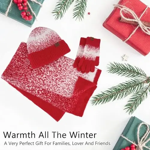 Ayollar uchun qishki trikotaj shapkalar va sensorli ekranli qo'lqoplar uzun sharf to'plami, iliq jun bilan qoplangan bosh suyagi shapkalari sharflar ayollar uchun - 5