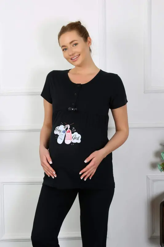 Ayollar uchun qisqa qo'lli homilador va chaqaloq emizish uchun pijama to'plami, qora, 45210 - 1