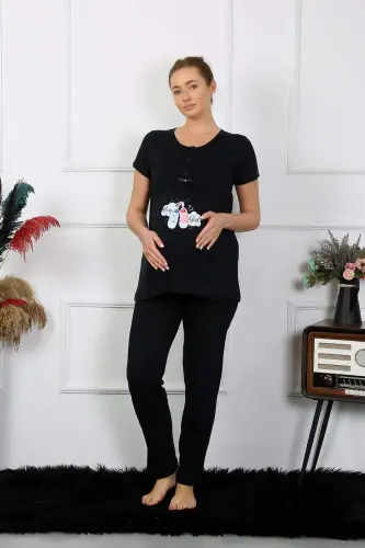 Ayollar uchun qisqa qo'lli homilador va chaqaloq emizish uchun pijama to'plami, qora, 45210 - 4
